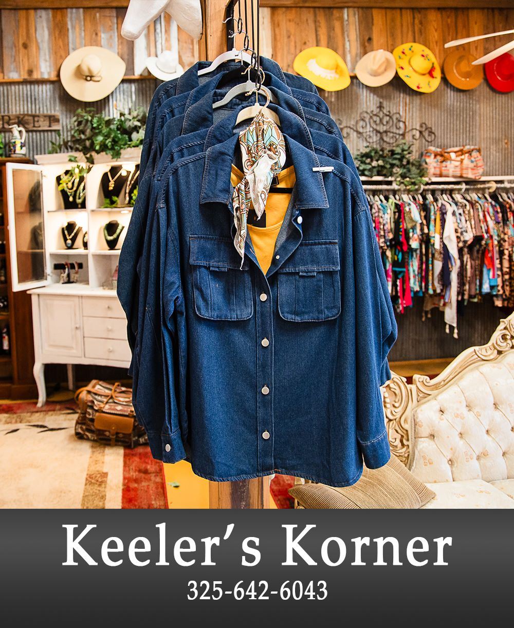 Image of Boutique Clothes on a Rack with Business Information Listed Below