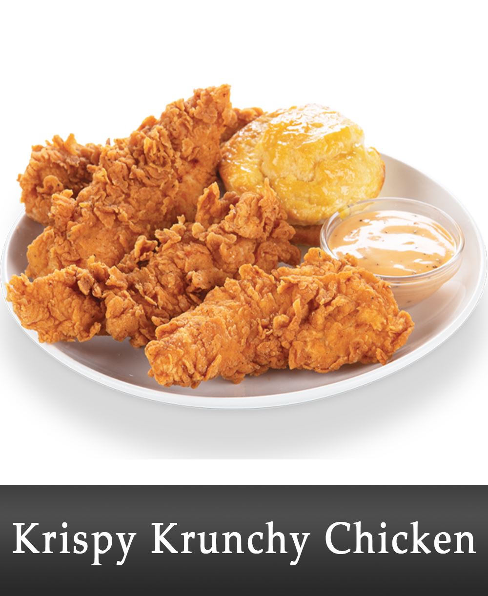 Picture of a chicken tenders, bread, and a dip on a plate